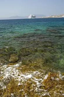 Cruise Port Prints: Europe, Greece, Mykonos. Cruise ship anchored off of Mykonos