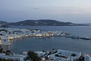 Europe, Greece, Mykonos, Hora. Evening view overlooking harbor. Credit as: Bill Young