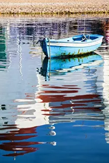 Hora Prints: Europe, Greece, Mykonos, Hora, Fishing Boat and Reflection of a Church in the Water