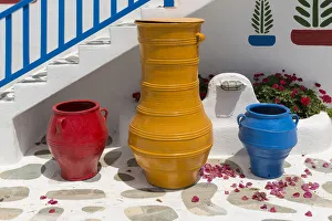 Images Dated 12th June 2014: Europe, Greece, Mykonos. Hotel exterior stairway and pots