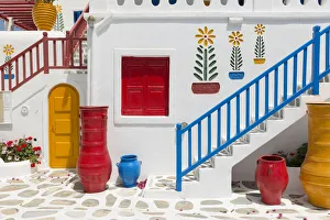 Stairway Prints: Europe, Greece, Mykonos. Hotel exterior stairway and pots