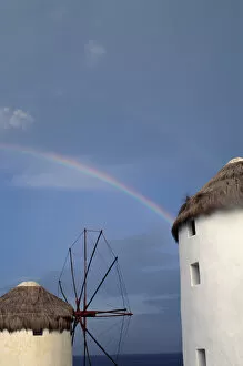 Europe, Greece, Mykonos. wind mill with rainbow