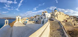 Images Dated 8th June 2014: Europe, Greece, Oia. Sunrise over Greek Orthodox church and village