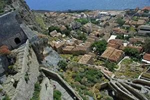 Europe, Greece, Peloponnese, Monemvasia (single entrance). Medieval zig-zag path
