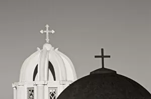 Europe, Greece, Santorini. Church steeples and crosses