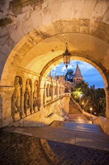 Europe, Hungary, Budapest, Buda, Fishermans Bastion at night