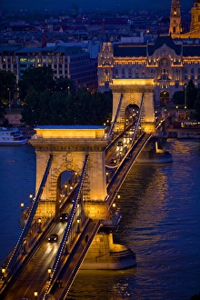 Europe, Hungary, Budapest. Chain Bridge lit at night