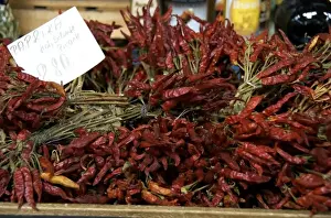 Europe, Hungary, Budapest, inside Great Market Hall, Hungarian paprika, peppers