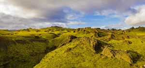 Icelandic Prints: Europe, Iceland. Aerial view of the hills near THakgil on the southern coast of Iceland