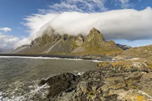 Icelandic Prints: Europe, Iceland. Clouds drape the mountains of Eystrahorn on the south coast