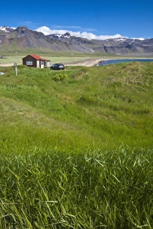 Images Dated 9th July 2011: Europe, Iceland, Snaefellsnes Peninsula, scenic landscape with house and car