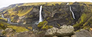 Icelandic Prints: Europe, Iceland. View of Haifoss and Granni waterfalls on the Fossa river in the southern