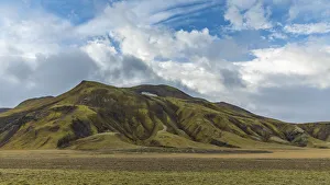 Icelandic Prints: Europe, Iceland. View of the volcanic hills and moss covered lava of the Landmannalaugar area in the highlands area