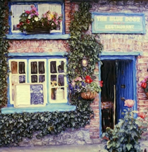 Manipulation Prints: Europe, Ireland, Adare, Blue Door Restaurant. Window and door of restaurant Polaroid