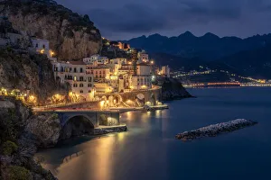 Lighting Prints: Europe, Italy, Atrani. Sunset on town and Amalfi Coast