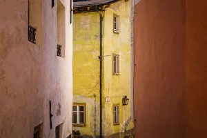 Prints of Europe, Italy, Bressanone. Colorful houses. Credit as: Jim Nilsen / Jaynes Gallery / DanitaDelimont.com Images Dated 2018 December: Europe, Italy, Bressanone. Colorful houses