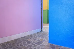 Prints of Europe, Italy, Burano. Colorful house walls. Credit as: Jim Nilsen / Jaynes Gallery / DanitaDelimont.com Images Dated 2018 December: Europe, Italy, Burano. Colorful house walls