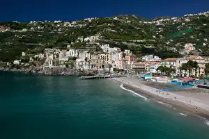 Gulf Prints: Europe, Italy, Campania, (Amalfi Coast) Maiori: Town View with Beach