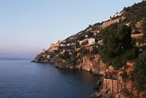 Gulf Prints: Europe, Italy, Campania, Amalfi Coast Watchtowers and houses perched above Gulf