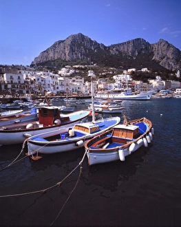 Campania Prints: Europe, Italy, Capri. Marina Grande, the main port of call at Capri, sits below volcano