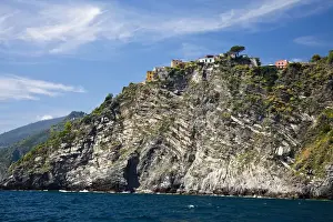 Rolling Prints: Europe; Italy; Cinque Terre; Corniglia; View of the Hillside town of Corniglia Fron