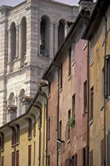 Bell Tower Prints: Europe, Italy, Emilia, Ferrara Duomo (cathedral) (12th C. ) and colorful houses
