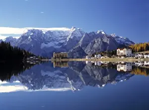 Dolomite Alps Prints: Europe, Italy, Lago Misurina. Lake Misurina is a mirror for the Tre Cime di Lavaredo Mountains