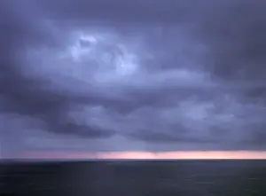 Cinque Terra Prints: Europe, Italy, Ligurian Coast. Rain falls from storm clouds off the Ligurian coast