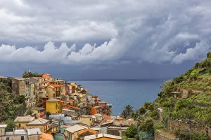 Manarola Prints: Europe, Italy, Manarola. Landscape with town and ocean