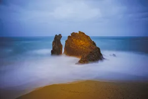 Stormy Prints: Europe, Italy, Monterosso. Rocks and ocean beach