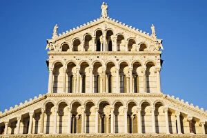 Europe, Italy, Pisa. The top of the facade of the Duomo Pisa or Cathedral of Pisa