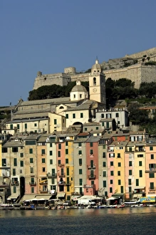Europe, Italy, Portovenere aka Porto Venere. Colorful fishing village, fortress walls