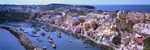 Campania Prints: Europe, Italy, Procida. The colorful buildings of Corricella face the harbor on the Isle of Procida