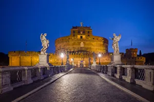 Rome Prints: Europe, Italy, Rome. Bridge to Castel Sant Angelo lit at night