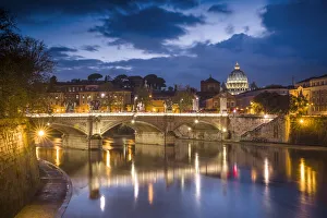 Rome Prints: Europe, Italy, Rome. Dome of Sistine Chapel with Tiber River and bridge lit at sunset
