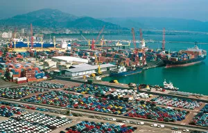Europe, Italy, Salerno. Automobiles for export lined up at the Port of Salerno