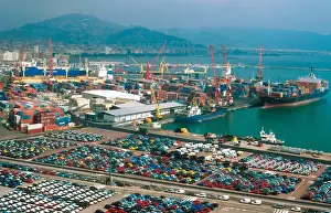 Shipping Prints: Europe, Italy, Salerno. Automobiles for export lined up at the Port of Salerno