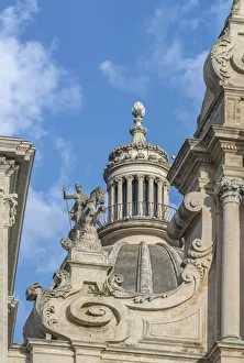 Prints of Europe, Italy, Sicily, Ragusa, Cathedral of St. George (Duomo di San Giorgio) in Raugsa Ibla Detail of St. George Statue Images Dated 2018 June: Europe, Italy, Sicily, Ragusa, Cathedral of St