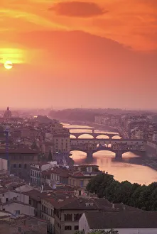Skyline Prints: Europe, Italy, Tuscanny, Florence. Ponte Vecchio Bridge at sunset, viewed from Piazza