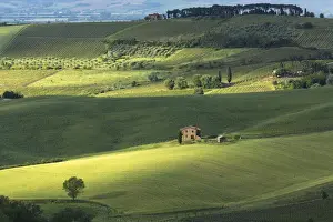 Tuscan Prints: Europe, Italy, Tuscany. Dappled light spreads across rolling green hills of farmland
