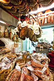 Annual Prints: Europe, Italy, Tuscany, Greve. Salumi market in Greves main square