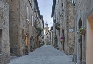 Hill Town Prints: Europe, Italy, Tuscany, Pienza, Midieval Street and Clock Tower in Historic District