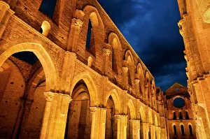 Cloudy Prints: Europe, Italy, Tuscany, San Galgagno. San Galgagno Abbey at twilight