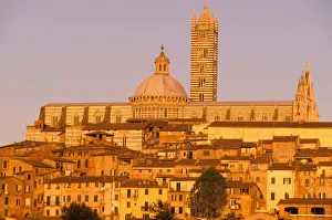 Palazzo Pubblico Prints: Europe, Italy, Tuscany, Siena. 13th century Duomo. Sunset