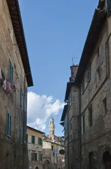 Siena Prints: Europe, Italy, Tuscany, Siena, Midieval Alleyway with Torre del Mangia in the Background