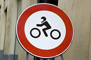 Warning Prints: Europe, Italy, Tuscany, Sienna. Motor scooter traffic sign. Credit as: Wendy Kaveney