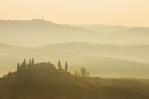 Warm Color Prints: Europe, Italy, Tuscany, Tuscan Villa in Spring with Foggy Morning