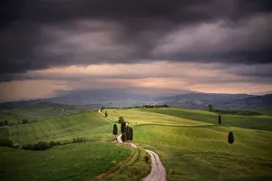 Europe, Italy, Tuscany, Val d Orcia. Road through farming landscape