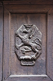 Images Dated 29th September 2011: Europe, Italy, Umbria, Perugia, Griffitn (Winged Lion) Building Decoration -
