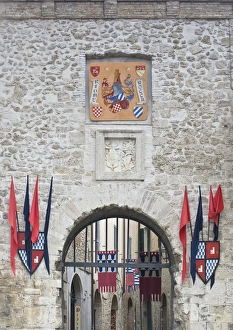 Umbria Prints: Europe, Italy, Umbria, San Gemini, City Gate Decorated for Jousting Festival
